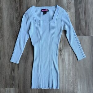 Vtg Say What Light Blue Ribbed Knit Square Neck Long Sleeve Top Y2K M Stretch
